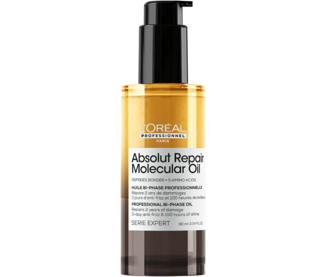 L’huile bi-phase Absolut Repair Molecular Oil de L’Oréal Professionnel pour restaurer les cheveux endommagés.